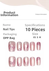 Detailed size chart for pink mermaid cat-eye press-on nails in XS, S, M sizes