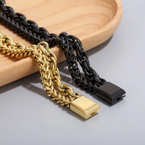 Men's double-layered titanium steel chain bracelets in gold and black with square clasps