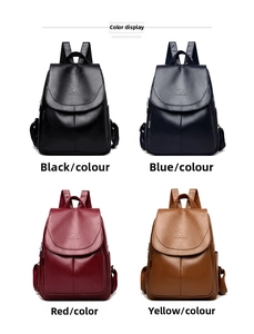 Elegant leather texture backpacks shown in four colors: black, blue, red, and brown