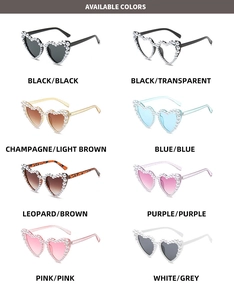 Detailed grid of heart-shaped sunglasses with pearl-encrusted frames in 8 diverse colors
