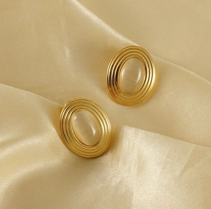 Close-up of vintage 18K gold plated oval stud earrings featuring smooth natural cat eye stones