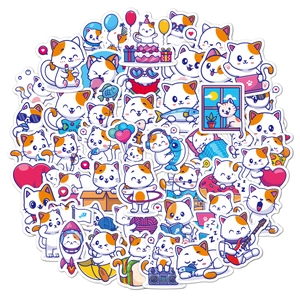 Collection of waterproof cartoon cat stickers showing various cute astronaut and musical activities