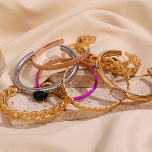 18K gold plated stainless steel stacked bracelets with enamel and inlaid gemstones