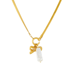 Vintage gold plated stainless steel chain necklace with bow, heart and pearl pendants
