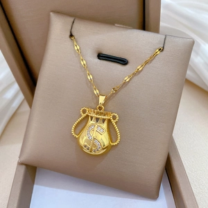 Titanium steel money bag necklace with sparkling gold finish and zircon stones