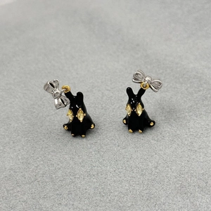 3D black rabbit earrings with silver bow and yellow gemstone, creative monster style