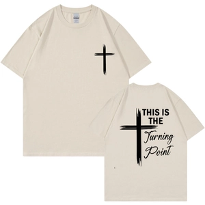 Beige cotton t-shirt featuring front cross print and This Is The Turning Point back slogan