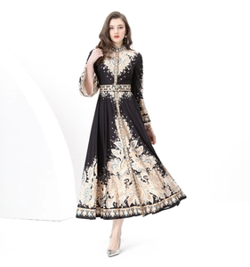 Detail of elegant vintage palace style stand collar dress with intricate ethnic print pattern