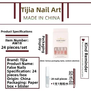 Detail van 24 roze French press-on nagels met steentjes en een set van 1g nagellijm
