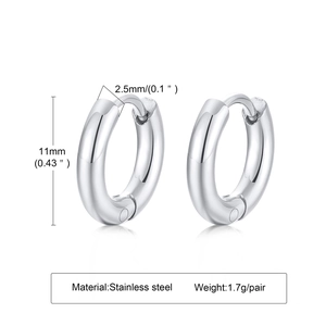 Macro detail of 11mm stainless steel hoop earrings with size measurements in silver