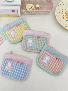Quilted Coin Purse Lattice Card Holder With Transparent Slot Cute Bear Pattern Zipper Small Pouch For Women Girls