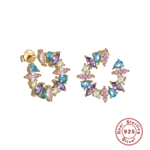 Minimalist S925 sterling silver hoop earrings with multi-colored marquee cut zircons