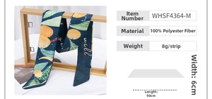 Detail showing retro fruit pattern on long skinny scarf made of polyester silk fabric