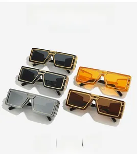 Detailed close-up of wide-frame rectangle punk sunglasses in five multi-colored stylish sets