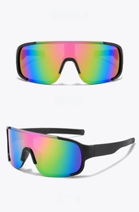 Front and side view of oversized black matte sports sunglasses with purple mercury lenses