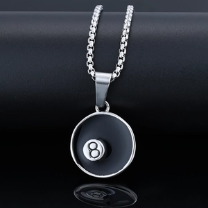 Close-up of a silver snooker lucky number 8 pendant with black epoxy finish on a metal chain