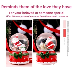 Detail view of two Christmas crystal balls featuring Santa, snowman and bear figurines