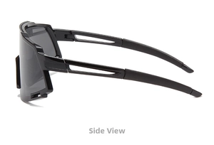 Detailed side view of black sports sunglasses featuring streamlined hollow temples