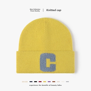 Bonnet Beanie Tricot Poil De Lapin Synthétique Lettre C Broderie Patch Hiver Extérieur Chaud Mode Femmes