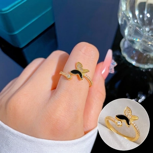 Brass Gold Plated Butterfly Open Ring With Black Enamel And Sparkling Cubic Zirconia Adjustable Fashion Jewelry For Women