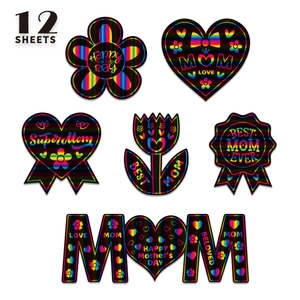 Detail of 12 rainbow scratch art sheets with Mother's Day heart and floral designs