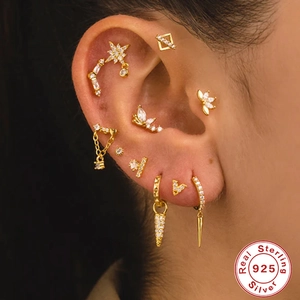 S925 Sterling Silver butterfly and star ear piercing set with gold finish and zircon