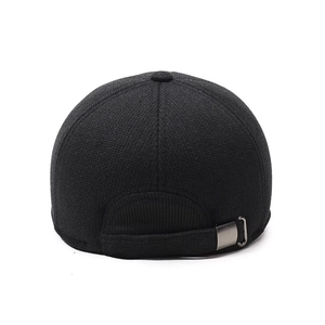 Winter black waffle knit baseball cap for men with adjustable silver metal buckle back