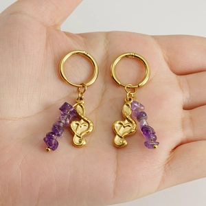 18k gold plated stainless steel hoops with purple natural stones and treble clef charms