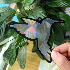 Macro view of hummingbird suncatcher with holographic rainbow effect and black frame