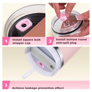 Three-step installation guide for pink silicone spill-proof stoppers on a water bottle cup