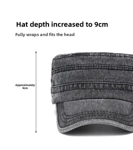 Détail de la casquette en denim délavé avec calotte de 9 cm et coutures renforcées