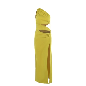 Elegant bright yellow one-shoulder bodycon maxi dress with waist cutout and side slit