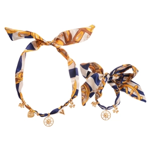 Ethnic printed silk necklace set with gold sun and heart charms for pets and women