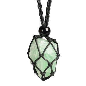 Handmade woven mesh necklace featuring a natural light green raw gemstone pendant