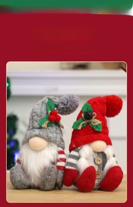 Detail of two Christmas gnomes with knitted hats and plush beards by a cozy fireplace