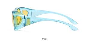 Detail view of light blue transparent frames with yellow high-definition night vision lenses