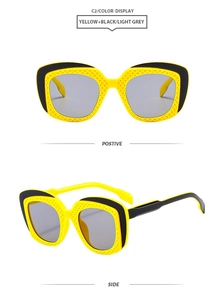 Front and side view of luxury oversized sunglasses in yellow and black frames with grey lenses