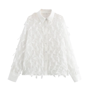 Elegant Women White Blouse Long Sleeve Lapel Collar Button Down Shirt With Fringe Tassel Detail Solid Color Loose Fit