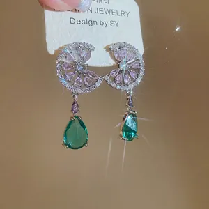 Elegant silver needle earrings with colorful zircon droplets and pink marquise stones