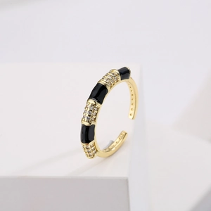 Bohemian 18K gold plated bamboo ring with black enamel and sparkling zircon accents
