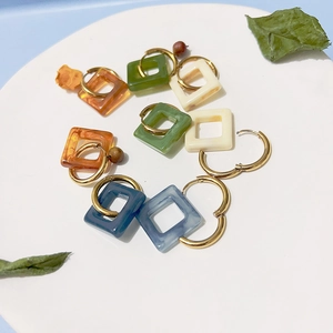 Square Dangle Earrings Stainless Steel Resin Geometric French Retro Vintage Gold Plated Jewelry For Women