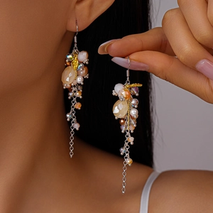 Retro Bohemian Tassel Dangle Earrings Long Glass Beads Imitation Artificial Pearl Alloy Leaf With Silver Earring Post For Women