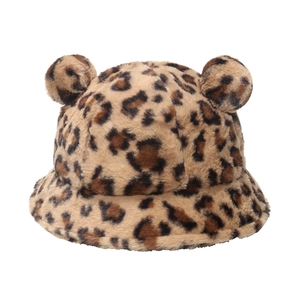Plush leopard print bucket hat with bear ears made of warm faux rabbit fur for women