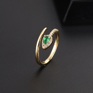 Bohemian 18K gold-plated adjustable snake ring with green teardrop zircon stone