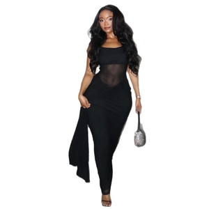 Slim fit black long dress with sheer mesh waist insert and side drape detail
