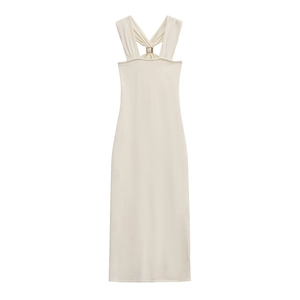 Elegant halter neck knit midi dress in cream white with stylish metal buckle details