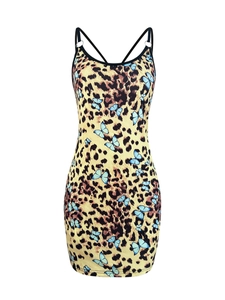 Sexy leopard and butterfly print bodycon cami dress with slim fit and round neck