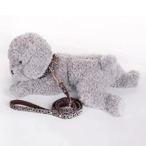 Detail of grey polka dot leopard print dog collar and leash with gold metal buckle