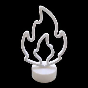 Close-up of flame shaped LED neon light with white round base on black background