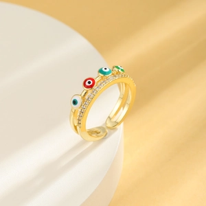 Adjustable gold plated evil eye ring with colorful enamel and micro paved zircon stones